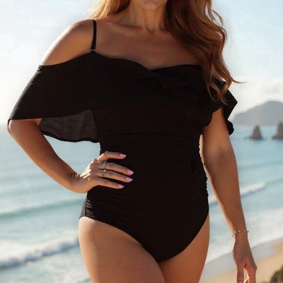 Jess Lea Black Off The Shoulder Lace-Up Swimsuit Size Small New With Tags - Picture 1 of 10